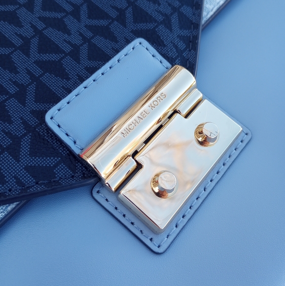 Michael Kors Navy Blue Color Block Logo Sloan Medium Top Handle Satchel - Picture 6 of 16